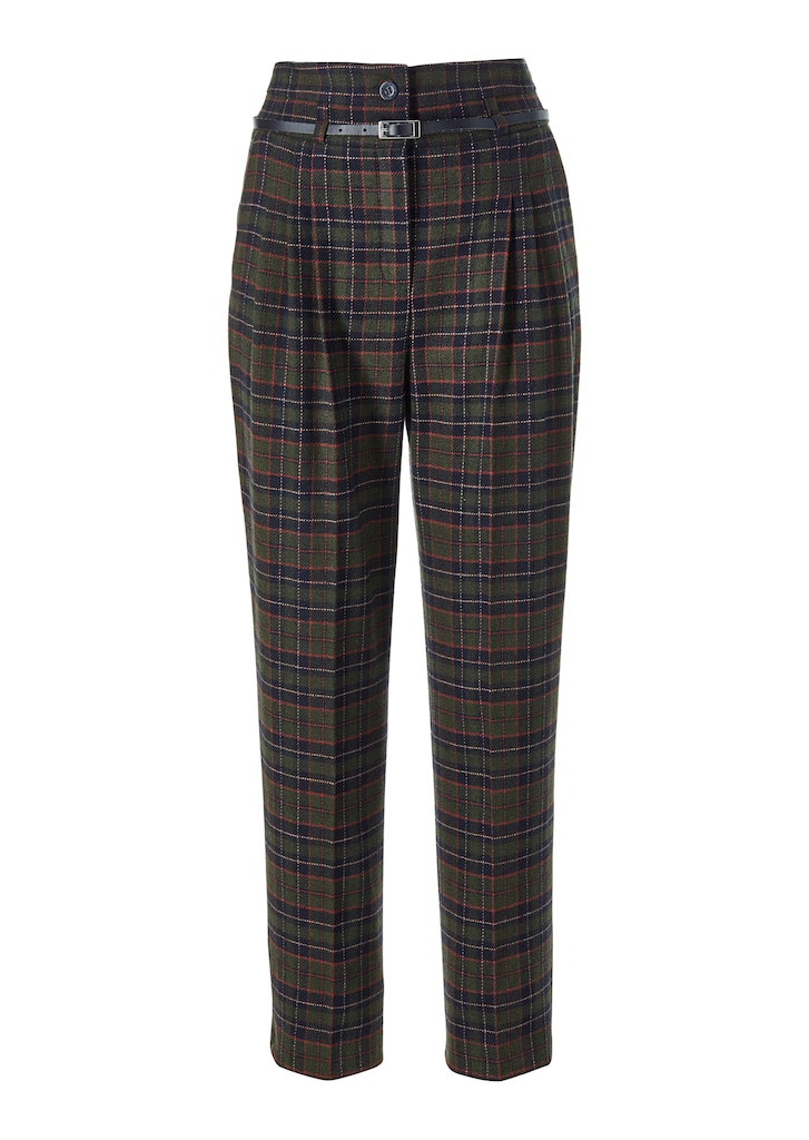 High-waisted checked trousers with waistband and creases