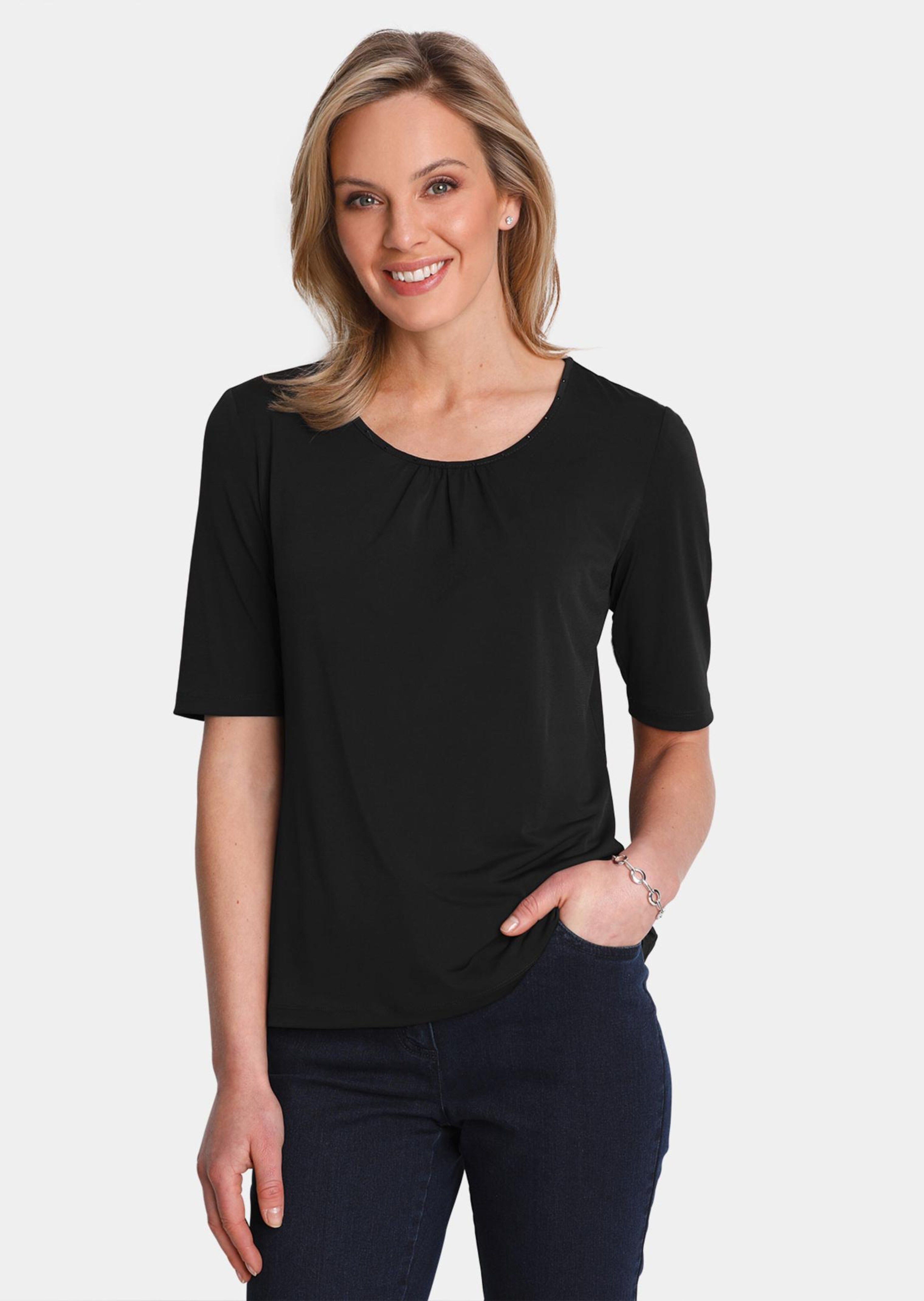 Stretchbequemes Shirt mit Raffung und Glanzsteinen