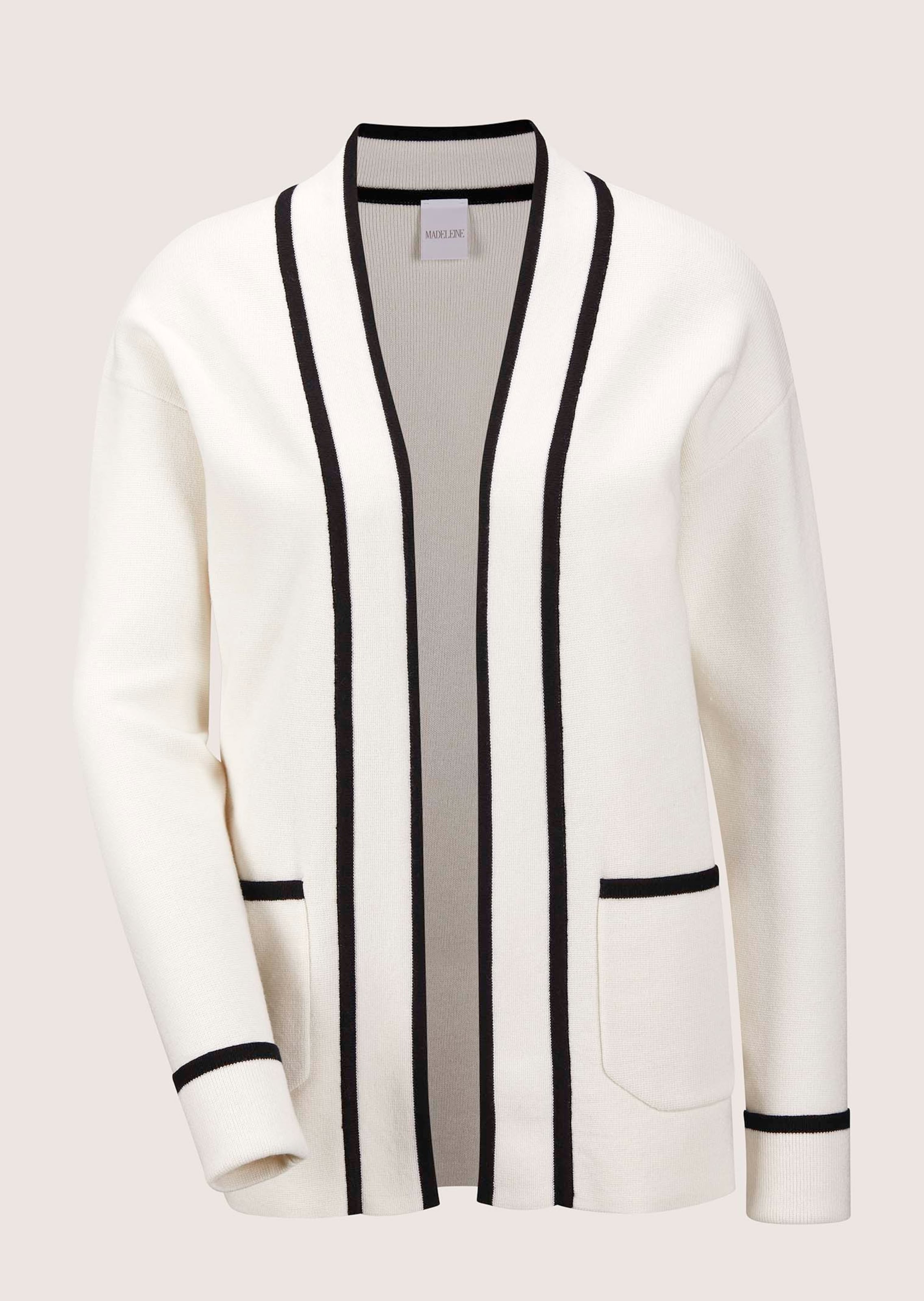 Lange Strickjacke ohne Verschluss in wollweiß schwarz