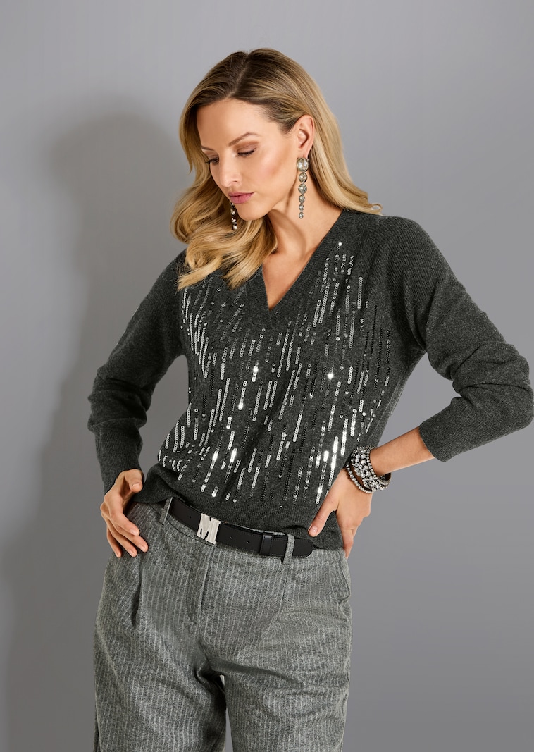 Schurwoll-Pullover mit Pailletten