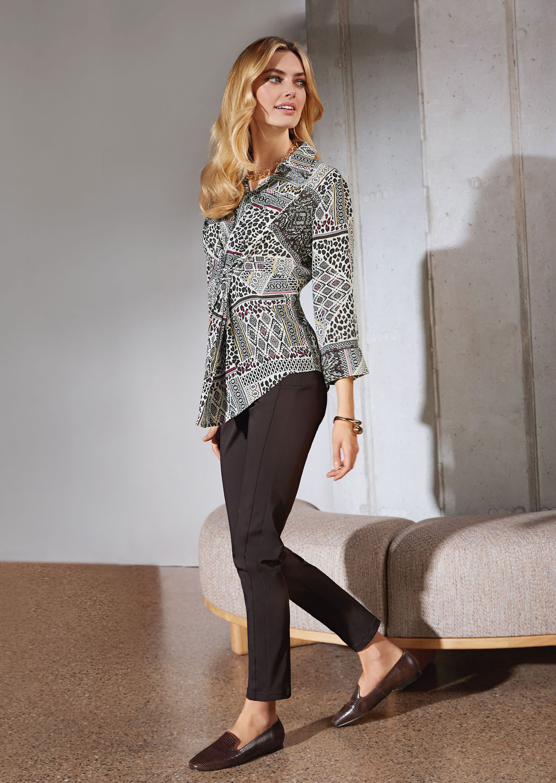 Bedruckte Bluse mit Knoten-Effekt und 3/4-Ärmeln