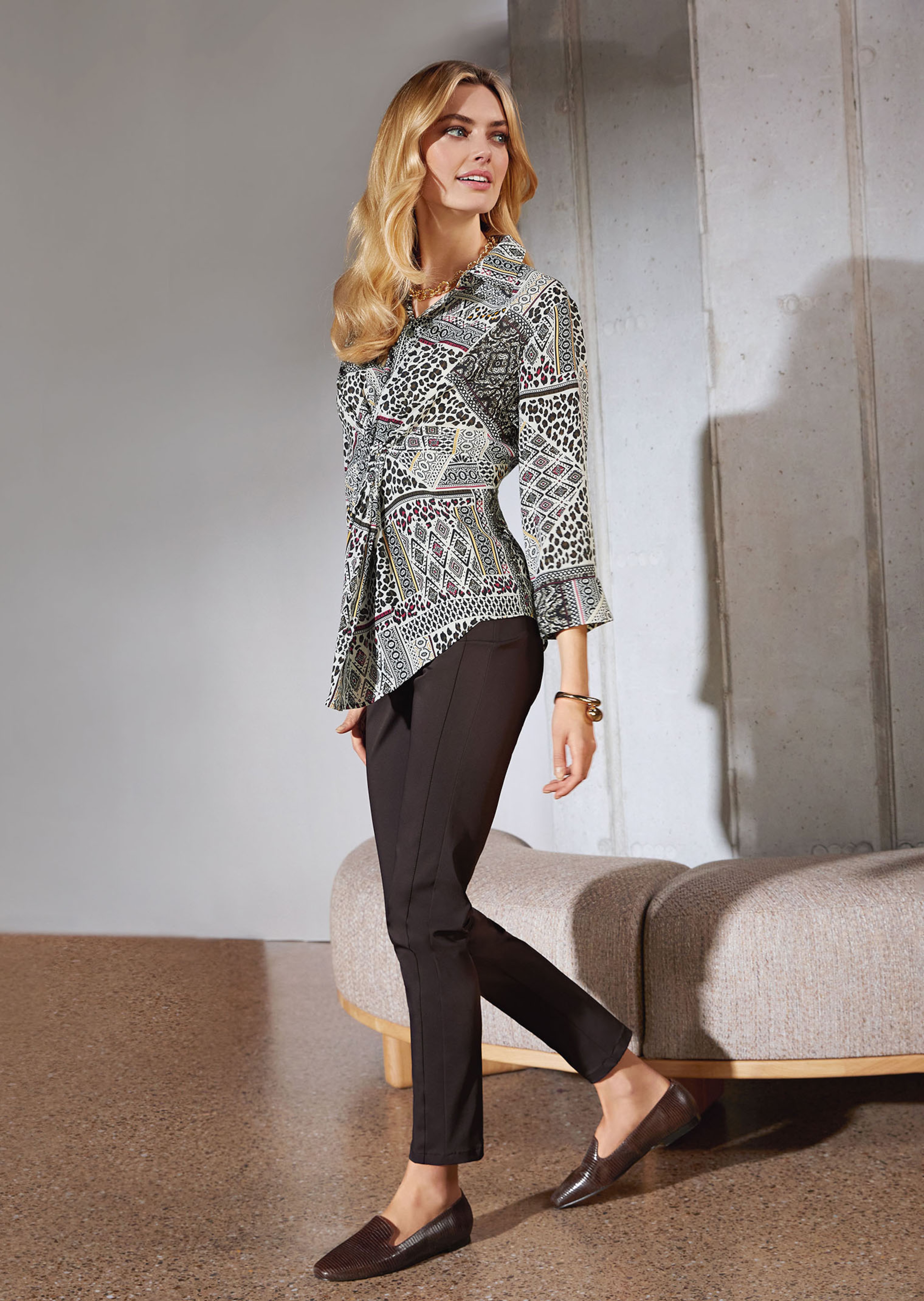 Bedruckte Bluse mit Knoten-Effekt und 3/4-Ärmeln