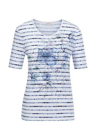 bleu gris / rayé Confortable T-shirt imprimé de fleurs et rayures
