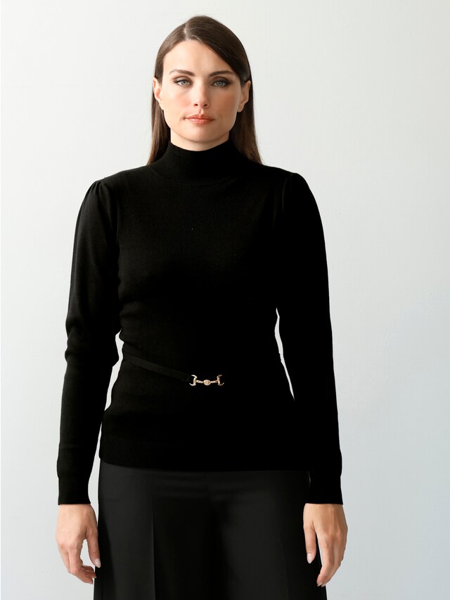 Pullover mit gürteloptik und eleganter Schmuckschließe