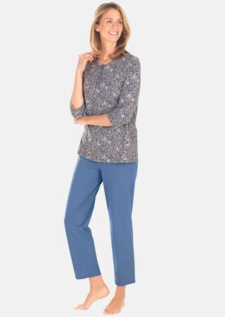 taupe / bleu gris / à motifs Pyjama en coton avec patte de boutonnage et manches 3/4
