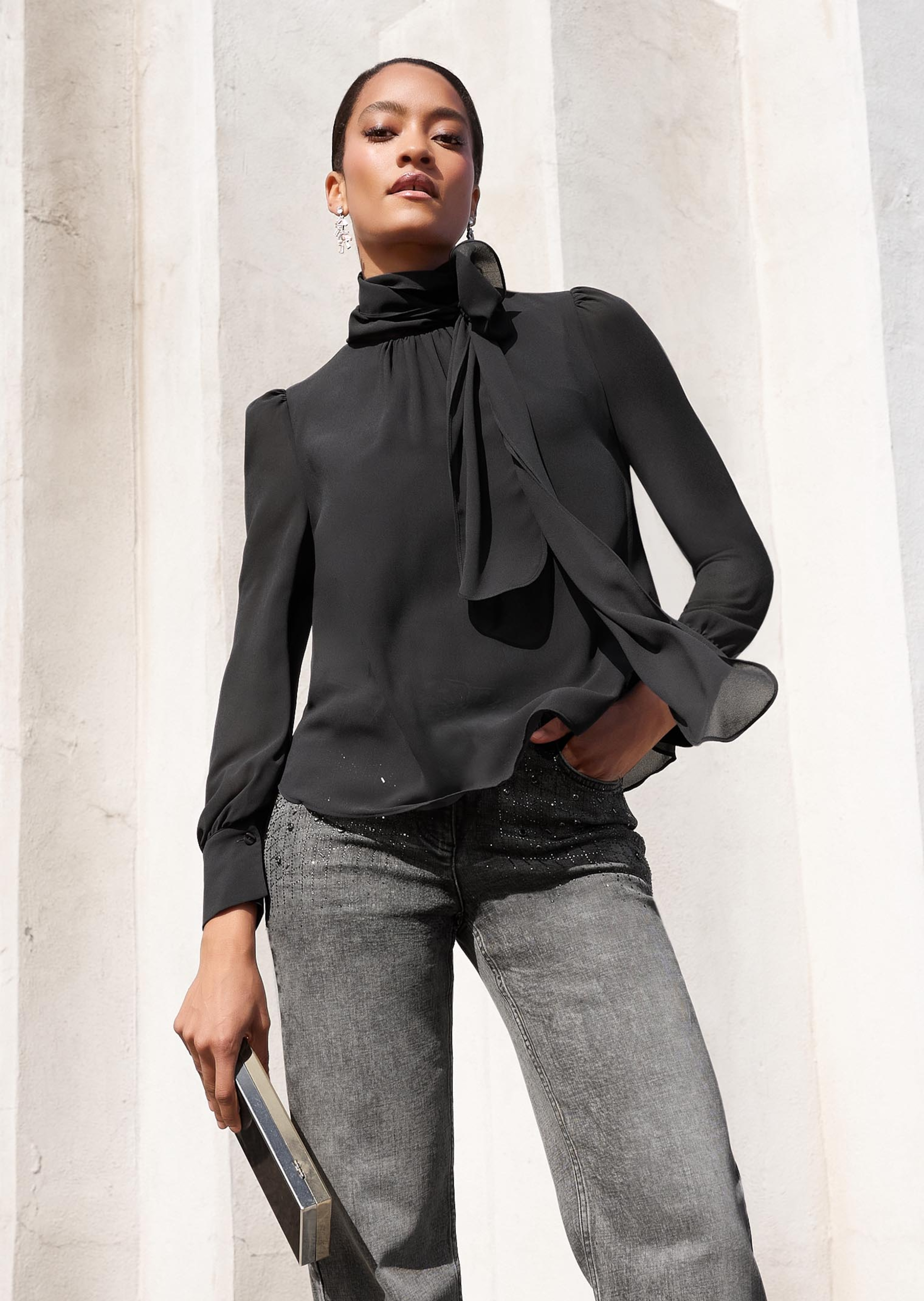 Chiffon blouse with stand-up collar and tie bow