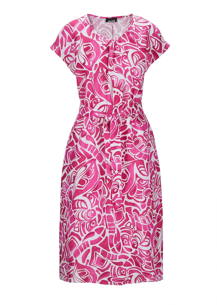 Leinenkleid mit Alloverdruck & Bindegürtel