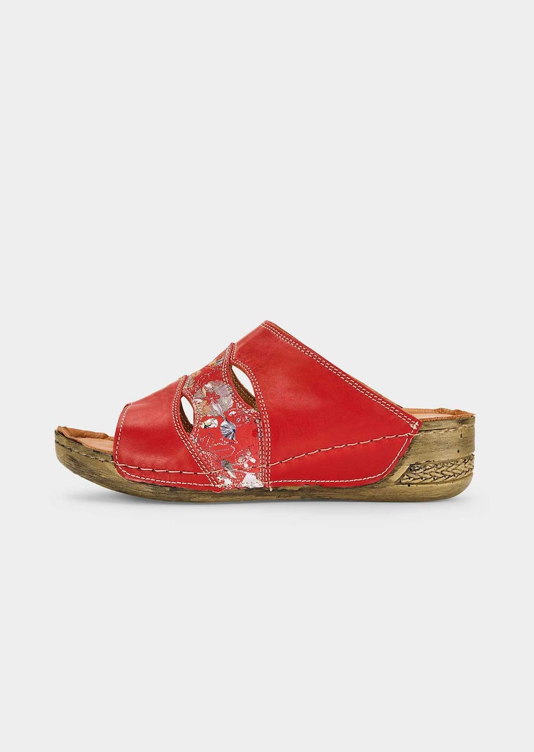 Leder-Pantoletten mit floralem Druck