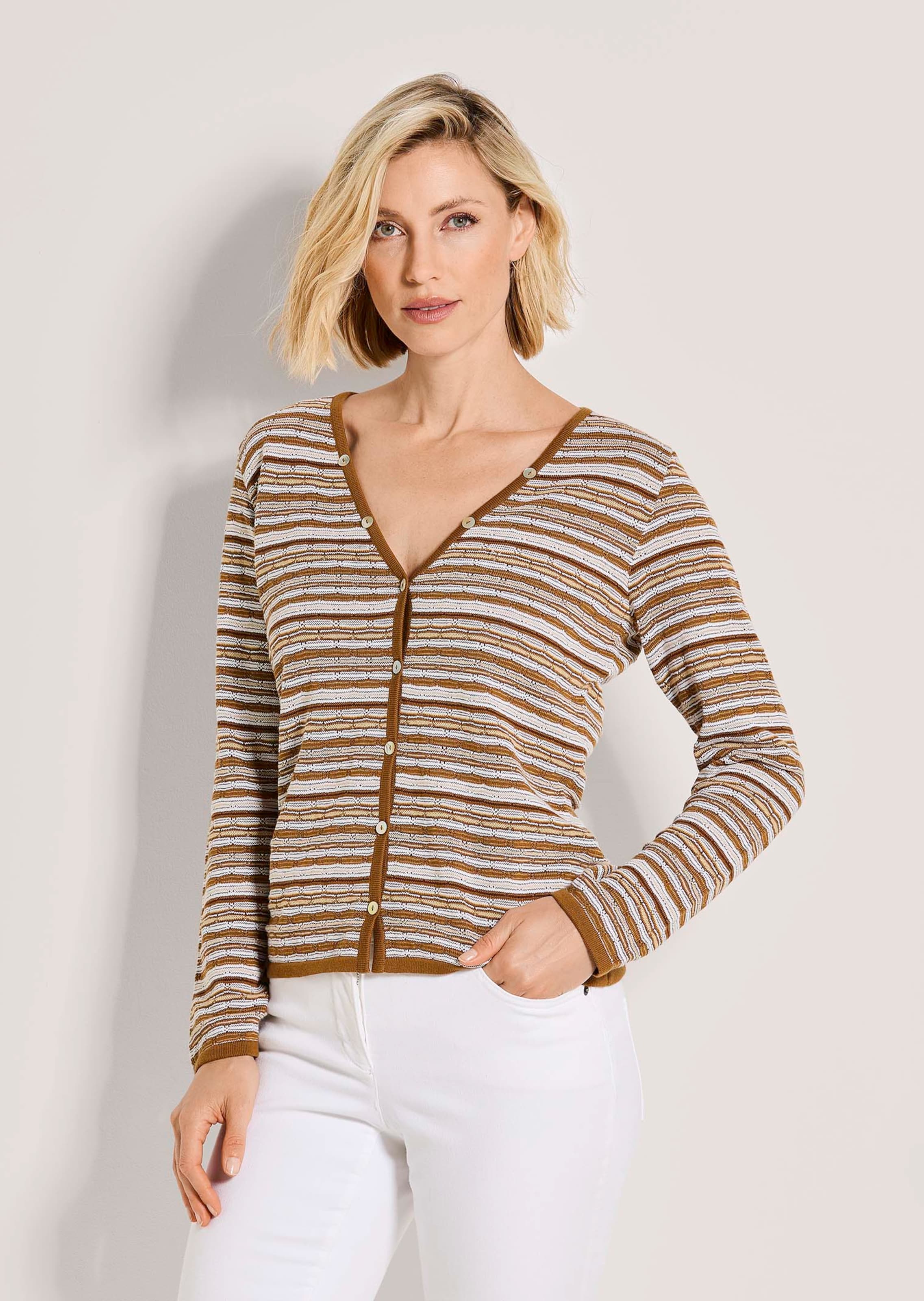 Narrow cardigan with multicoloured stripe pattern