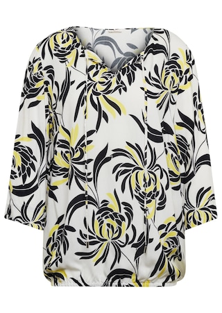 wit / zwart / geel / gedess. Kleurrijk gedessineerde blouse met mooie details