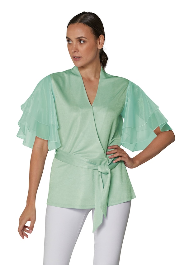 Metallic-look blouse with transparent sleeves