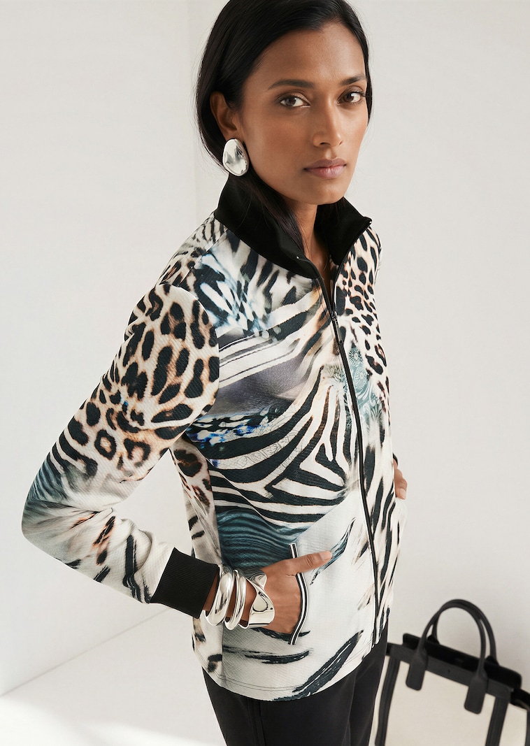 Sweat-Jacke mit Stehkragen und Animal-Print