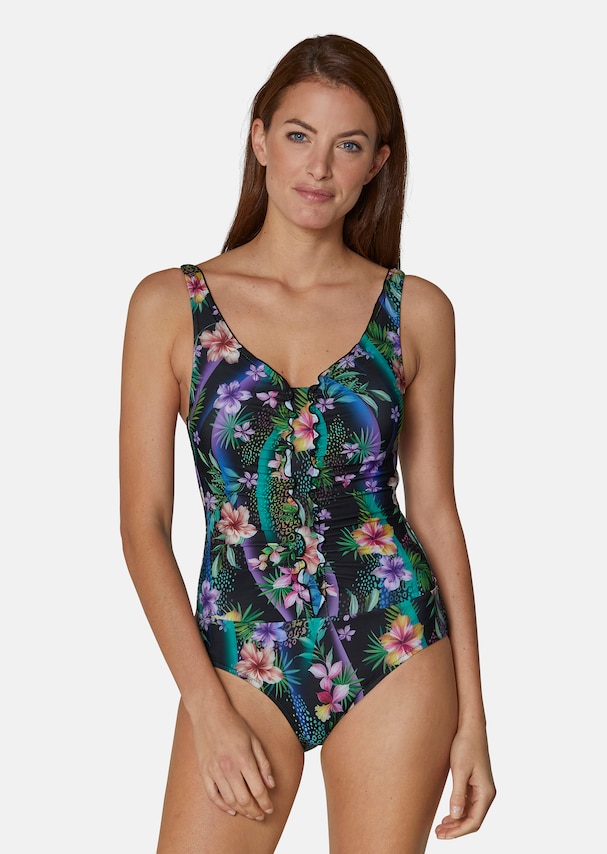 Swimming costume with floral print and frills