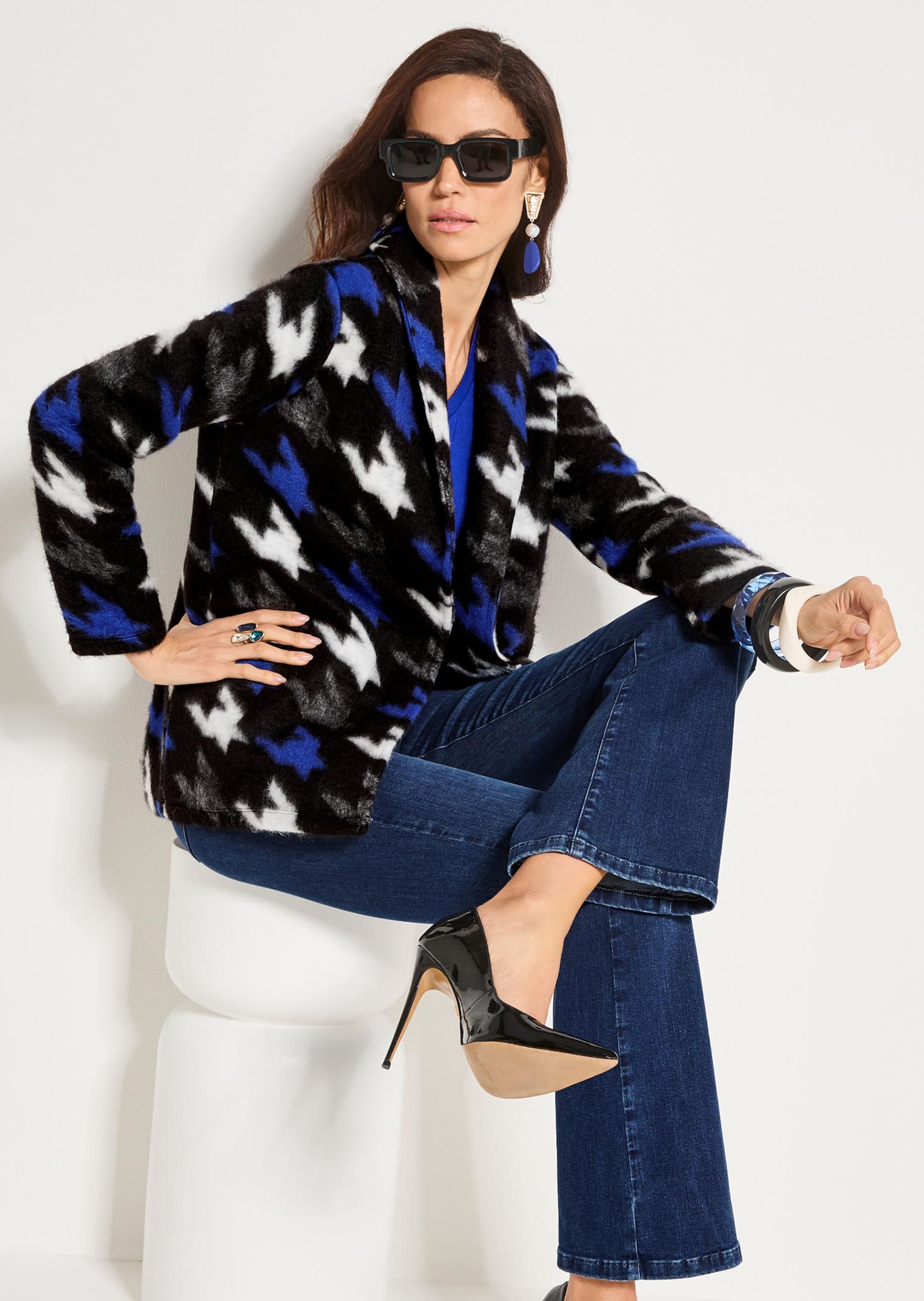 Verschlusslose Shirtjacke mit Hahnentrittmuster