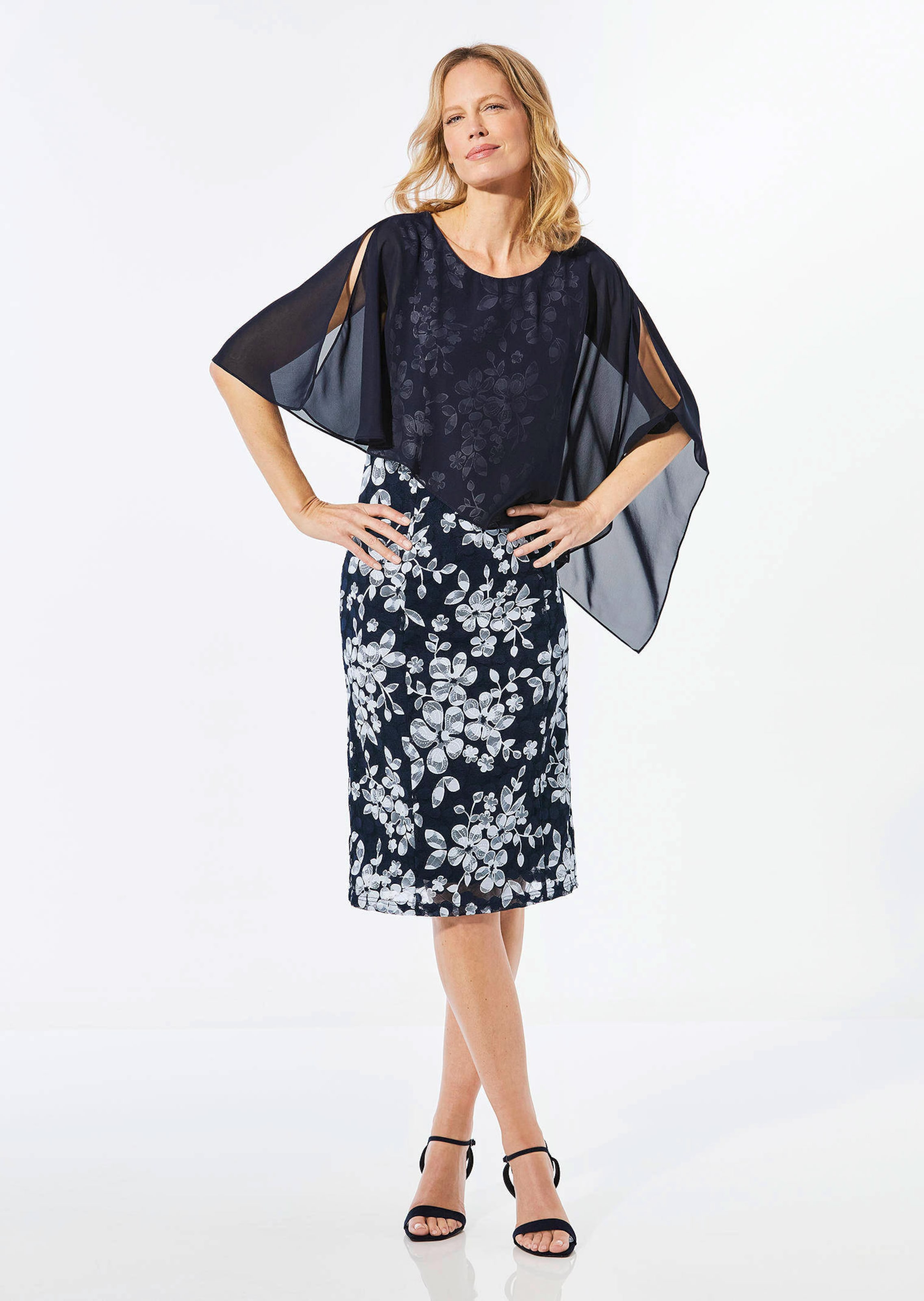 Elégante robe en dentelle et mousseline - marine / blanc / à fleurs - Gr. 44 de Goldner Fashion