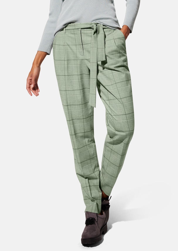 Check pleated trousers with tie belt