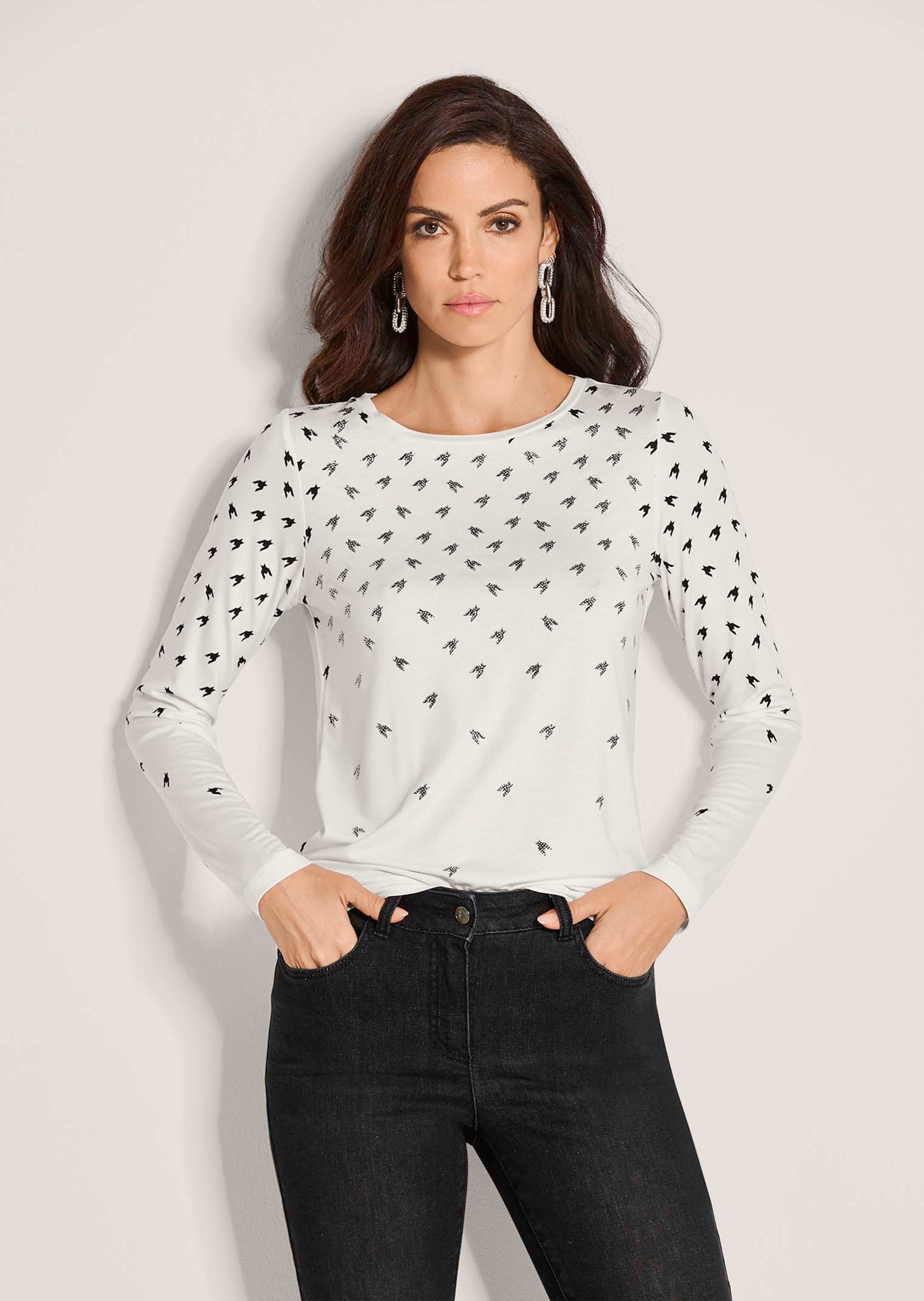 Langarmshirt mit Strass und Hahnentrittmuster