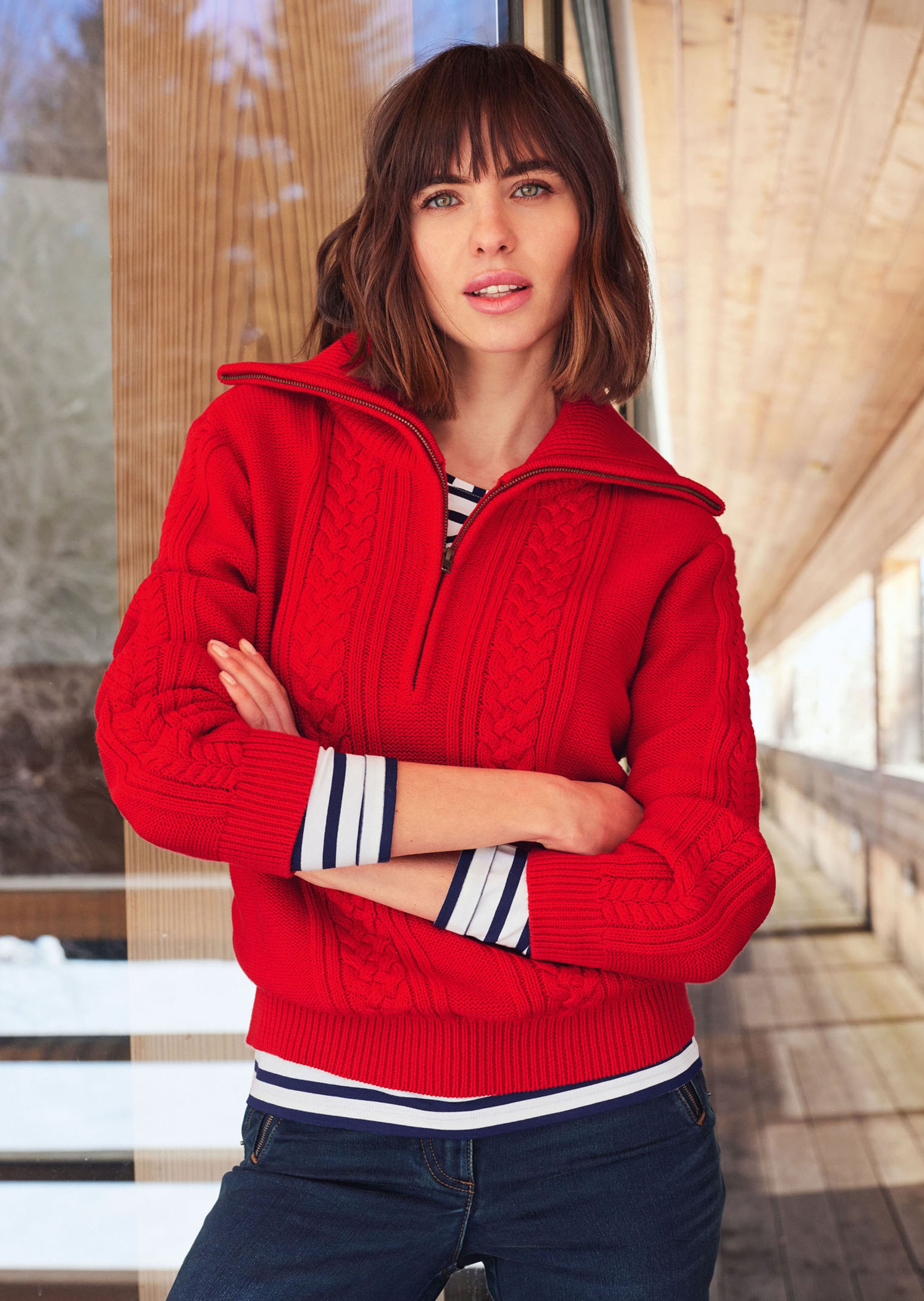 Troyer with cable knit pattern in red | MADELEINE Fashion