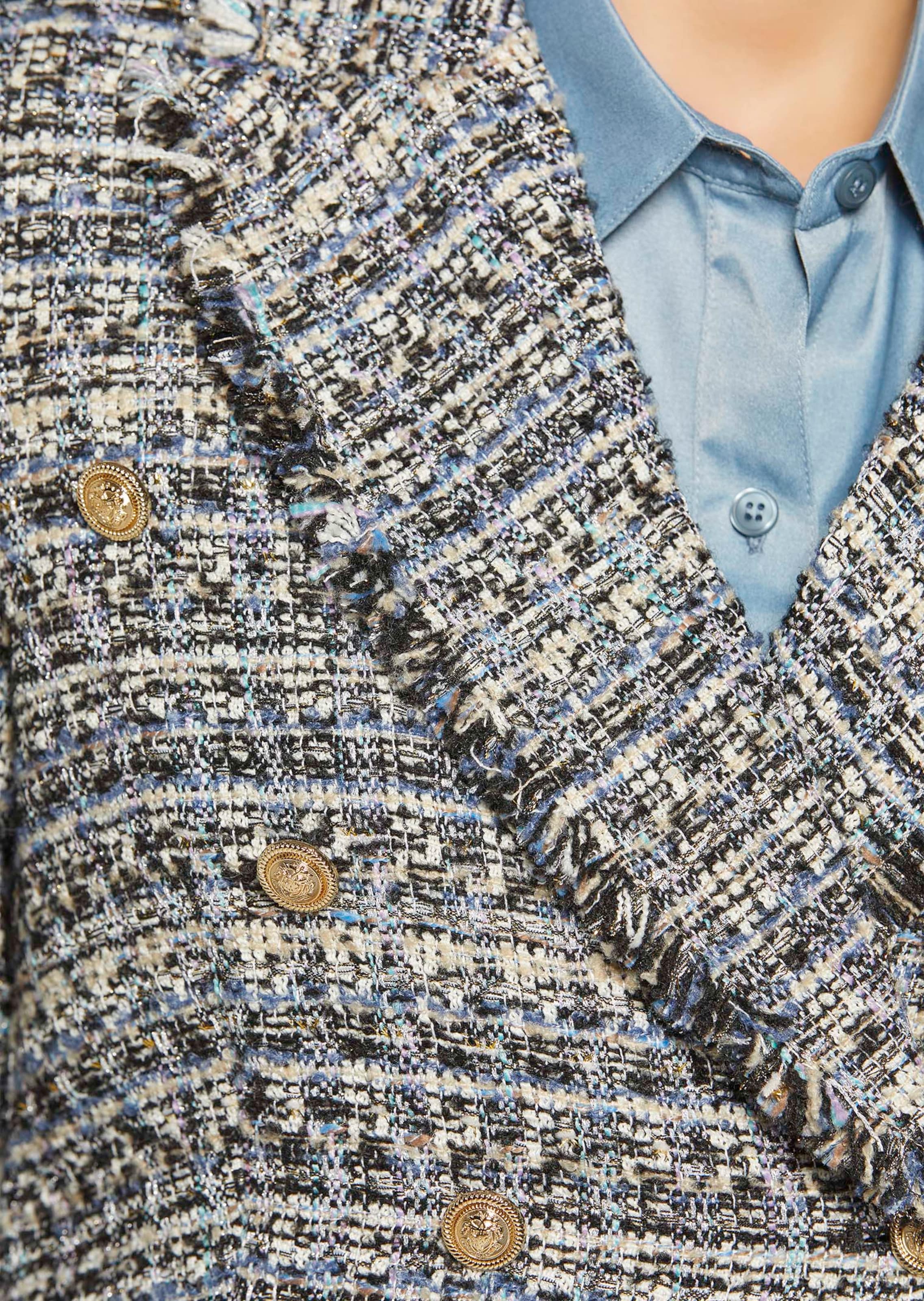 【IONSEOUL】Feather Fringe Tweed Short Sleeve Jacket 4JH354 Short tweed blazer with fringes in black / crystal blue