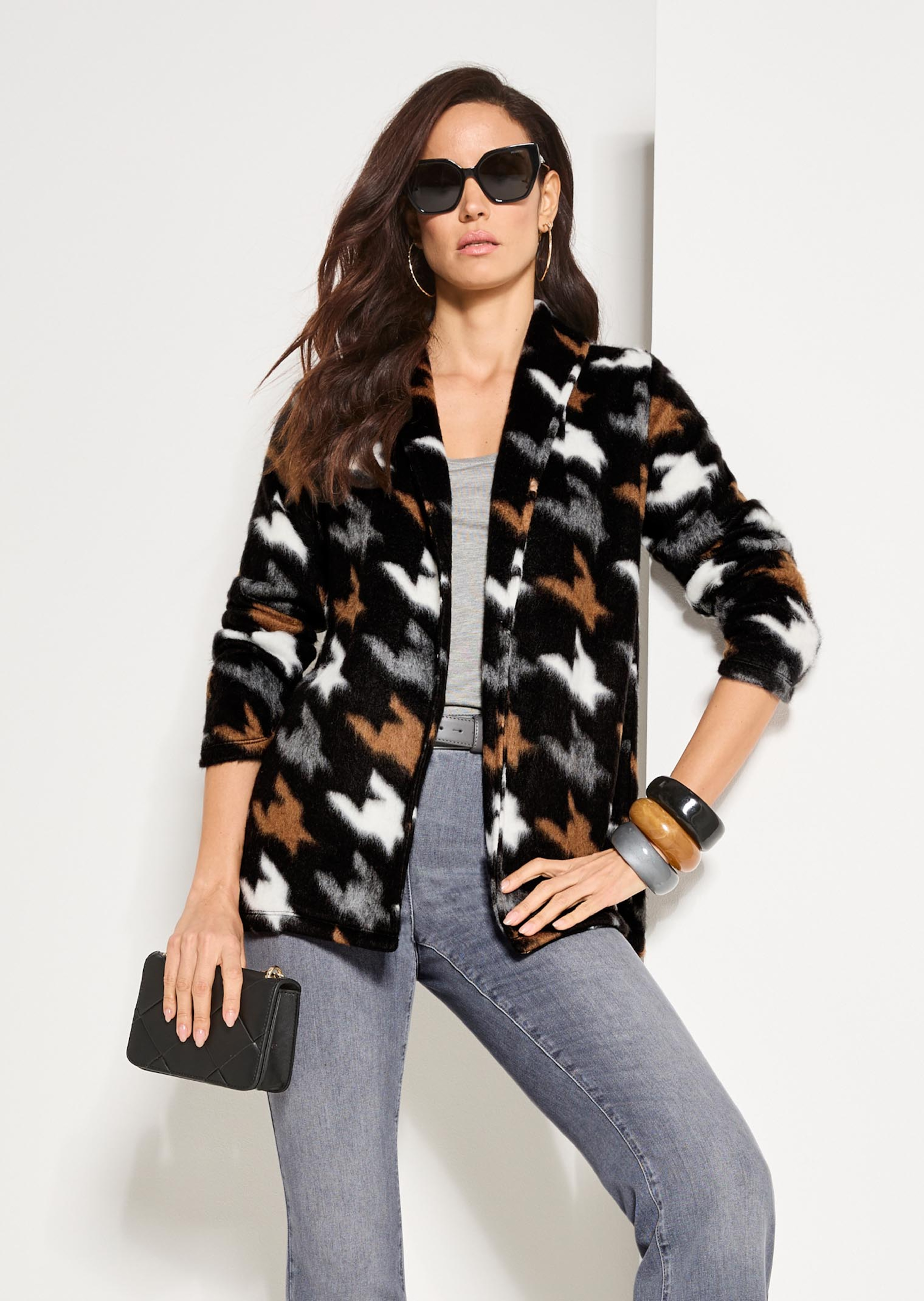 Verschlusslose Shirtjacke mit Hahnentrittmuster