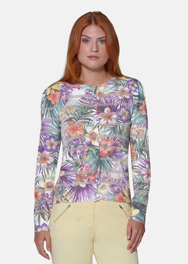 Cardigan with floral print and shiny stripes